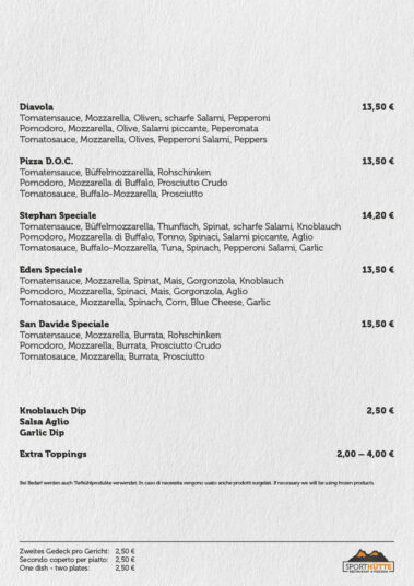Sporthütte - Kastelruth - Restaurant & Pizza - Speisekarte