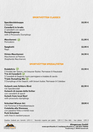 Sporthütte - Kastelruth - Restaurant & Pizza - Speisekarte