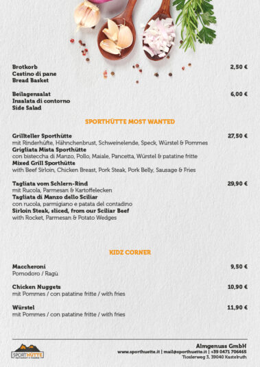 Sporthütte - Kastelruth - Restaurant & Pizza - Speisekarte