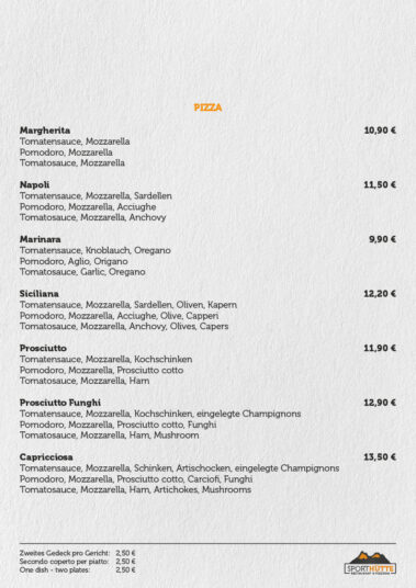 Sporthütte - Kastelruth - Restaurant & Pizza - Speisekarte