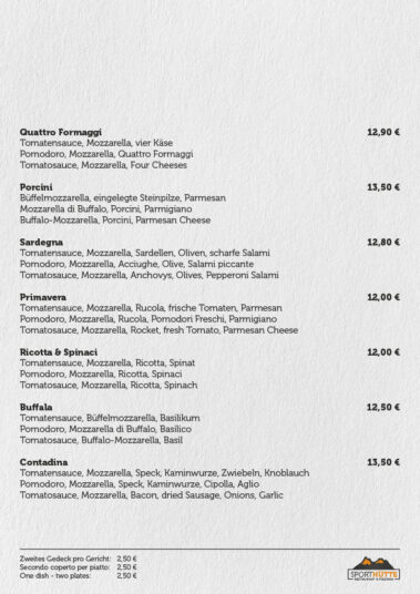 Sporthütte - Kastelruth - Restaurant & Pizza - Speisekarte